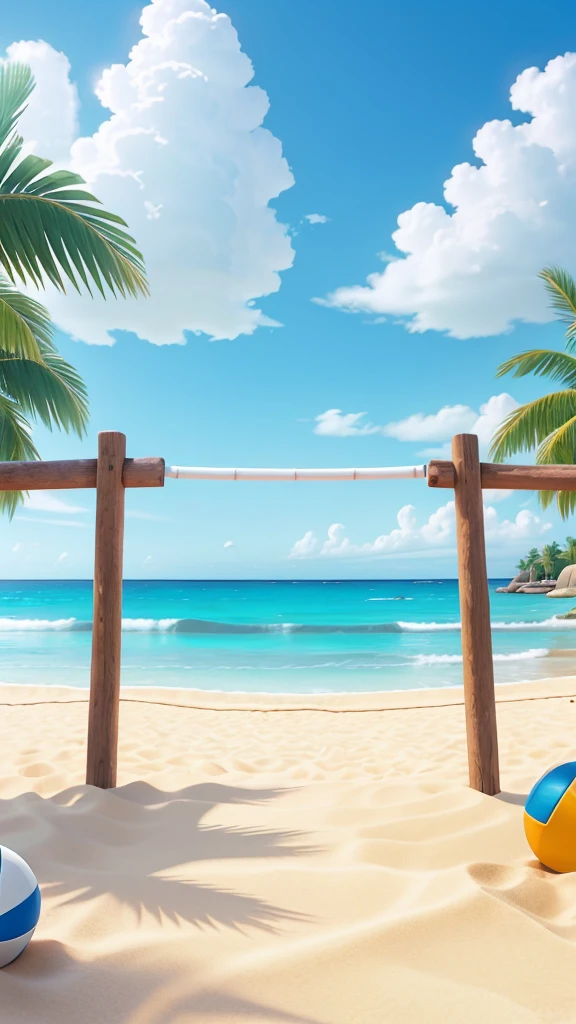 Create a scene of a modern animated beach background with a light, airy ambiance. The beach should feature soft, golden sands and a clear blue sky with a few fluffy white clouds. The ocean should be calm with gentle waves lapping at the shore. In the foreground, place a volleyball net set up on the beach, casting a slight shadow on the sand. The overall atmosphere should be bright and inviting, capturing the essence of a perfect day at the beach.