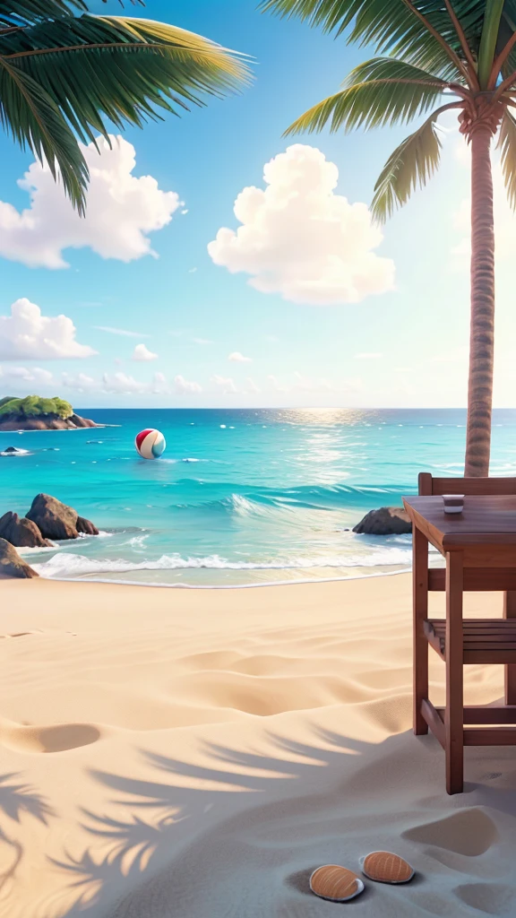 beach chair, fan, beach ocean, Boat, shell, starfish, Fresh in summer, 3D rendering stylization, Stylized 3D 渲染, Stylized for 3D rendering, Roland Zilvinski 3D Rendering Art, 3 d stylize scene, Relaxation concept art, stylized concept art, (octane rendering) fantasy style, Stylized 3D
