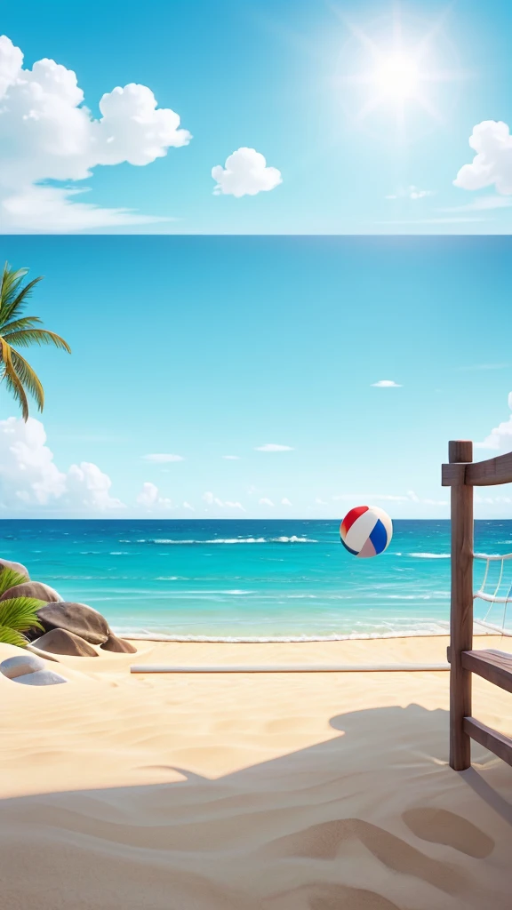 Create a scene of a modern animated beach background with a light, airy ambiance. The beach should feature soft, golden sands and a clear blue sky with a few fluffy white clouds. The ocean should be calm with gentle waves lapping at the shore. In the foreground, place a volleyball net set up on the beach, casting a slight shadow on the sand. The overall atmosphere should be bright and inviting, capturing the essence of a perfect day at the beach.