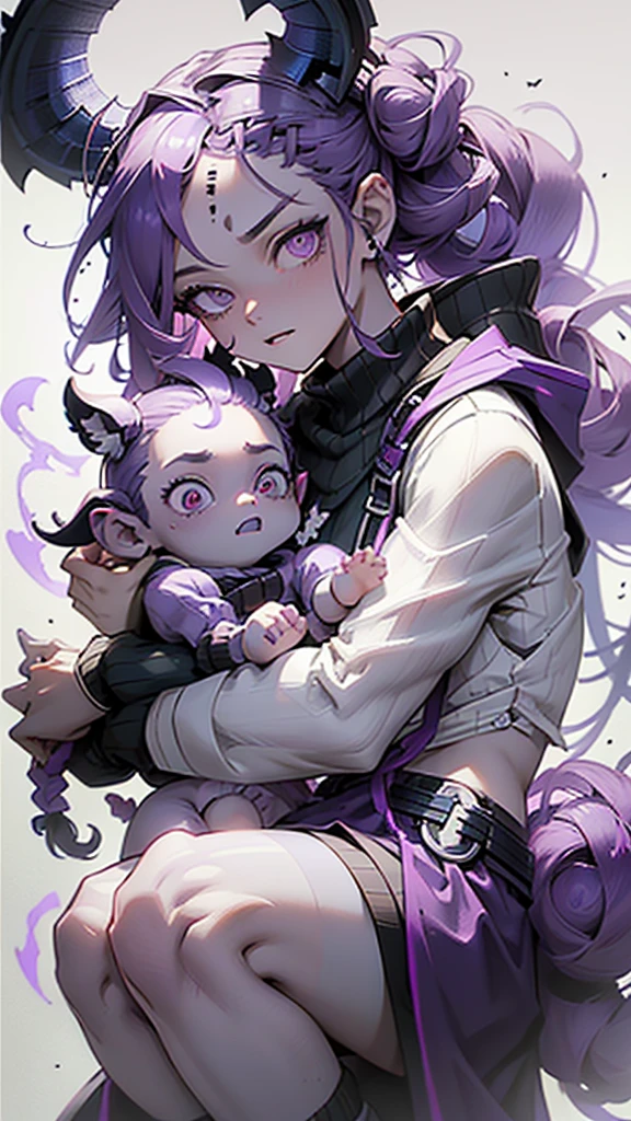 boy thoughtful look open forehead. white and purple hair braided in a ponytail on the left side to one side. sinuous black horns wrapped in dark purple ribbon. pale violet eyes. in short dark purple shorts. long white T-shirt. dark purple knee-high socks. white long coat with hood. black limit stone walls purple light from lamps sitting on the steps