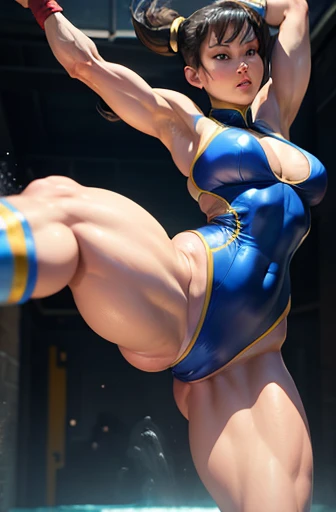 Chun Li in a tight swimsuit kicking with her leg open