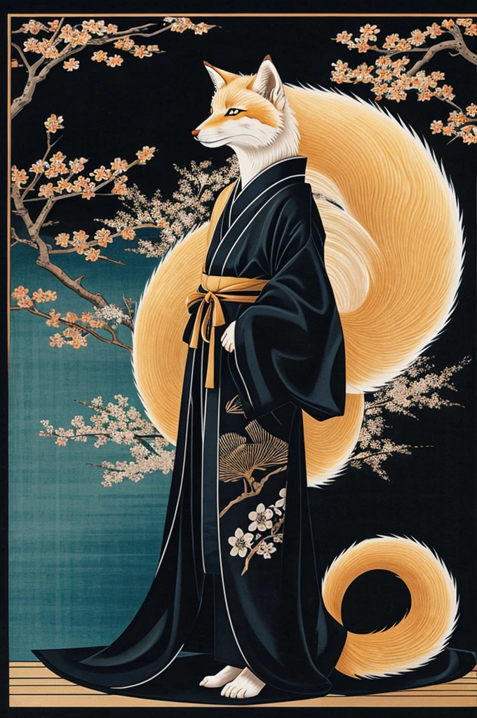 A 50 tailed kitsune wearing a jet black kimono