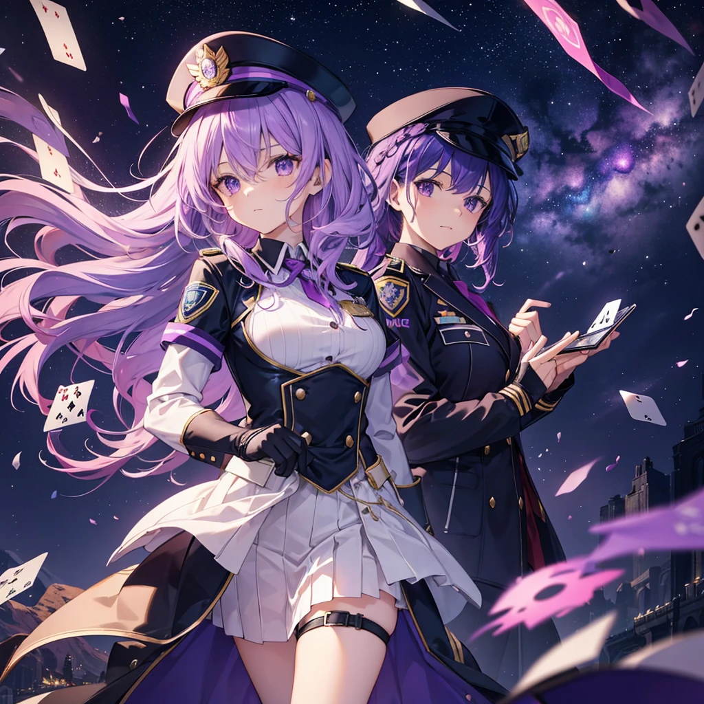 ((Fantasy　Purple Hair　Long Hair　Purple eyes　Female police officer　star badge　policeman's cap　Chest Opening　Lonely　despair))　((Spade playing card　Broken glass　gloves　milky way))　(comet　moon)　Catch the wind　autumn　Glowing purple background　Particles of light, Shining Edges　Low Angle