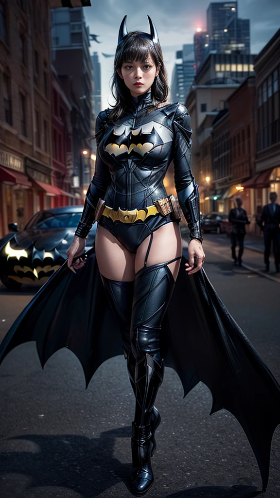nsfw:1.5、((Cowboy Shot))、Mature Woman、(masterpiece, Highest quality), Intricate details, 8K, 1 Girl, Long Hair, Bowl Cut Hair,((blunt bangs))、 Black Hair,((Batman suit with intricate and detailed design)),Skyscraper, city, building,street,((Delicate painting))，(Detailed RAW photos of girls), (Pieces fly:1.25), (Highest quality:1.6), (Ultra-high resolution:1.5), (Photorealistic:1.75), 8K resolution, Canon EOS R5, 50mm, Confused, Very detailed,Cinema Lighting、(((Super big breasts)))、Leg spread、The abdomen is visible、((Separate suits))、Batman knee-high socks with intricate and detailed designs、Sexy pose、Batman bikini with delicate and detailed embellishment、(((Ripped and tattered suit:1.1)))、(((batmobile)))
