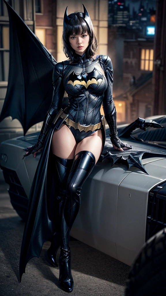nsfw:1.5、((Cowboy Shot))、Mature Woman、(masterpiece, Highest quality), Intricate details, 8K, 1 Girl, Long Hair, Bowl Cut Hair,((blunt bangs))、 Black Hair,((Batman suit with intricate and detailed design)),Skyscraper, city, building,street,((Delicate painting)),(Detailed RAW photos of girls), (Pieces fly:1.25), (Highest quality:1.6), (Ultra-high resolution:1.5), (Photorealistic:1.75), 8K resolution, Canon EOS R5, 50mm, Confused, Very detailed,Cinema Lighting、(((Super big breasts)))、Leg spread、The abdomen is visible、((Separate suits))、Batman knee-high socks with intricate and detailed designs、Sexy pose、Batman bikini with delicate and detailed embellishment、(((Ripped and tattered suit:1.1)))、(((batmobile)))