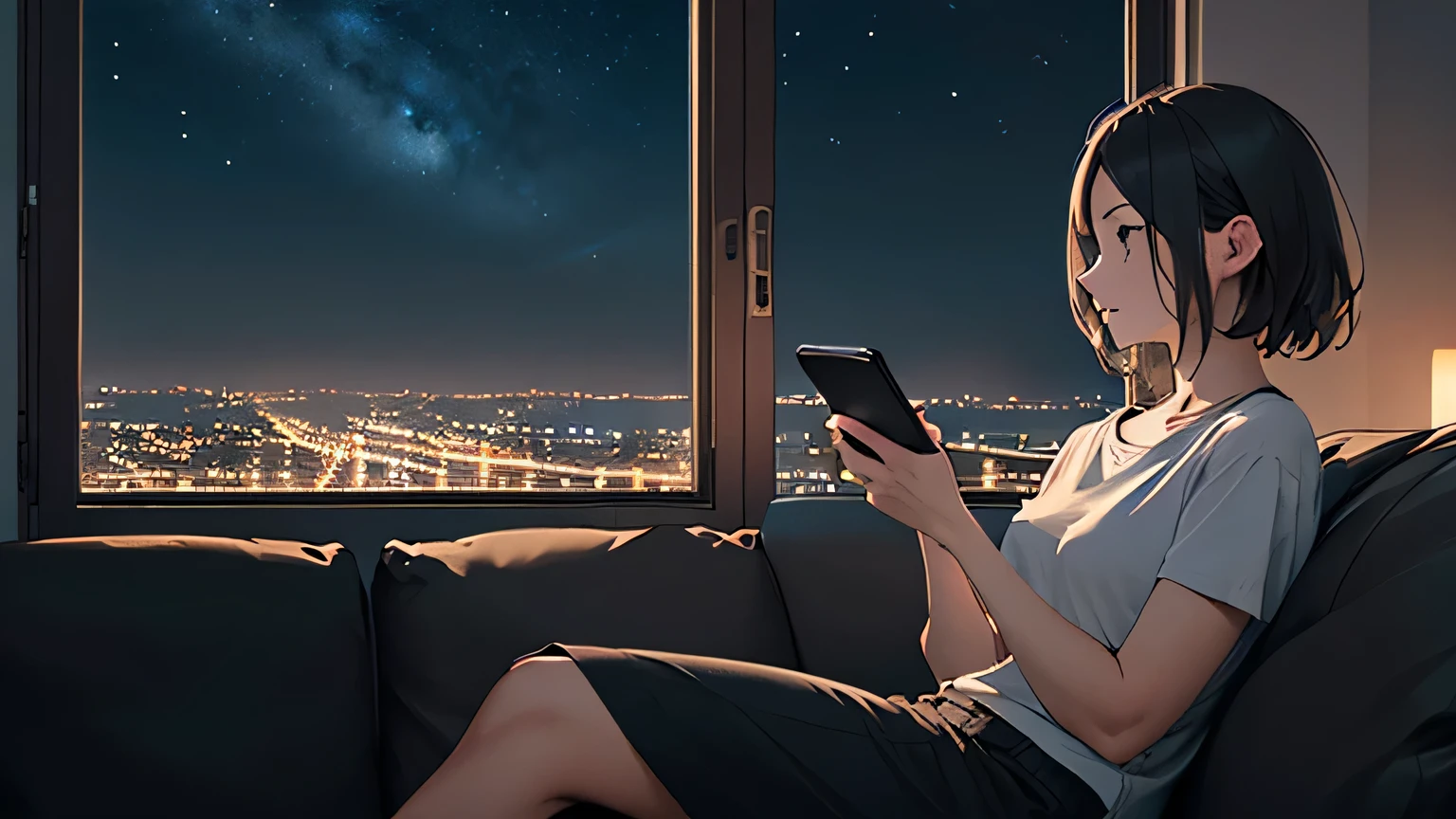 (RAW Photos, Highest quality), One Girl, Night Sky, Mature Woman, Dark living room,Sitting on the couch,Perfect spot lighting,Smartphone in one hand,Looking Outside