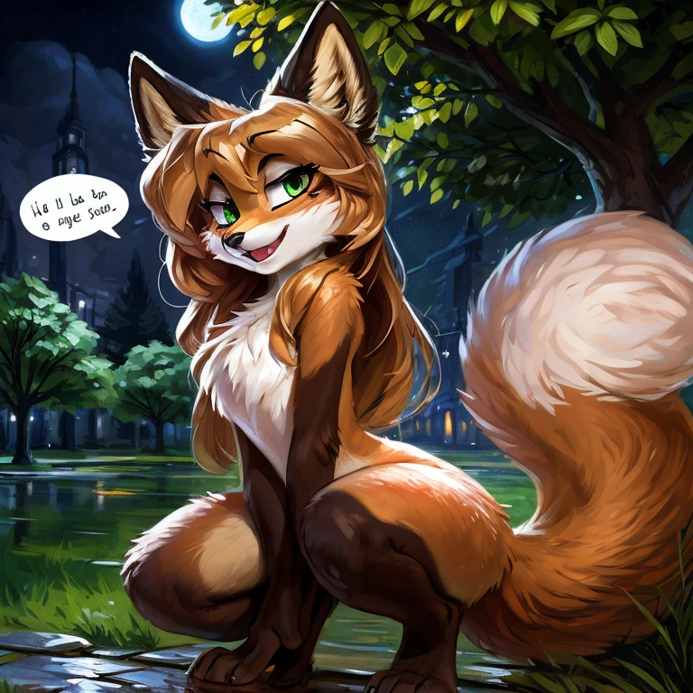 uploaded to E621, by Kenket, by Ross Tran, by Michael & Inessa Garmash, by Pino Daeni, by Kiguri, by Alena Aenami, by Ruan Jia, A solo vixen squatting looking in the air ((female) (anthro) ([foxl])), beautiful and detailed portrait of an anthropomorphic vixen ((female)), anthro fox girl, body fur, flat chest, chest fluff, body fur, curvy, sexy, nice, cute, hot, sassy, sassy hips, (Averi, Fox girl), hi res, photorealism, soft shading, (detailed fur: 1.1), happy looking, (legs), (solo: 1.1), tail raised, ((beautiful) eyes: 1.1), (detailed eyes: 1.1), (detailed), (masterpiece: 1.2), (athletic), good anatomy, detailed face, speech bubble, heart, hearts, seductive pose, sexy pose, night, rain, wet fur, in a park, tree