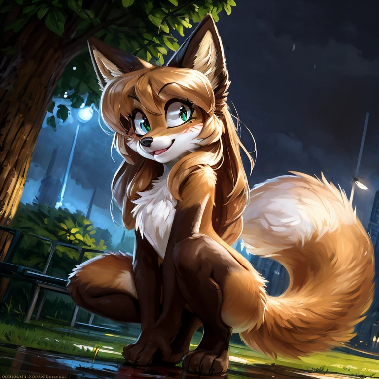 uploaded to E621, by Kenket, by Ross Tran, by Michael & Inessa Garmash, by Pino Daeni, by Kiguri, by Alena Aenami, by Ruan Jia, A solo vixen squatting looking in the air ((female) (anthro) ([foxl])), beautiful and detailed portrait of an anthropomorphic vixen ((female)), anthro fox girl, body fur, flat chest, chest fluff, body fur, curvy, sexy, nice, cute, hot, sassy, sassy hips, (Averi, Fox girl), hi res, photorealism, soft shading, (detailed fur: 1.1), happy looking, (legs), (solo: 1.1), tail raised, ((beautiful) eyes: 1.1), (detailed eyes: 1.1), (detailed), (masterpiece: 1.2), (athletic), good anatomy, detailed face, speech bubble, heart, hearts, seductive pose, sexy pose, night, rain, wet fur, in a park, tree
