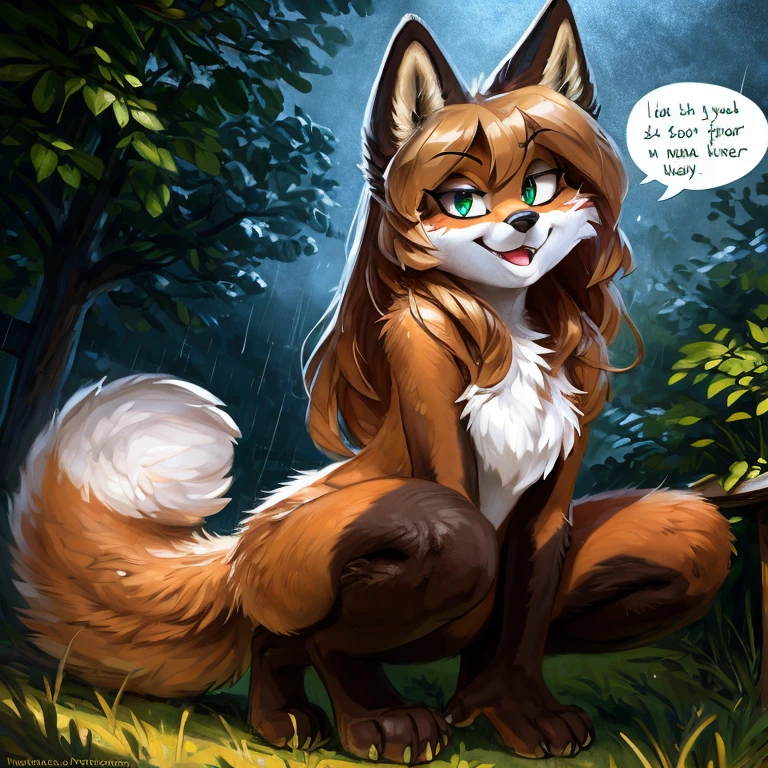 uploaded to E621, by Kenket, by Ross Tran, by Michael & Inessa Garmash, by Pino Daeni, by Kiguri, by Alena Aenami, by Ruan Jia, A solo vixen squatting looking in the air ((female) (anthro) ([foxl])), beautiful and detailed portrait of an anthropomorphic vixen ((female)), anthro fox girl, body fur, flat chest, chest fluff, body fur, curvy, sexy, nice, cute, hot, sassy, sassy hips, (Averi, Fox girl), hi res, photorealism, soft shading, (detailed fur: 1.1), happy looking, (legs), (solo: 1.1), tail raised, ((beautiful) eyes: 1.1), (detailed eyes: 1.1), (detailed), (masterpiece: 1.2), (athletic), good anatomy, detailed face, speech bubble, heart, hearts, seductive pose, sexy pose, night, rain, wet fur, in a park, tree