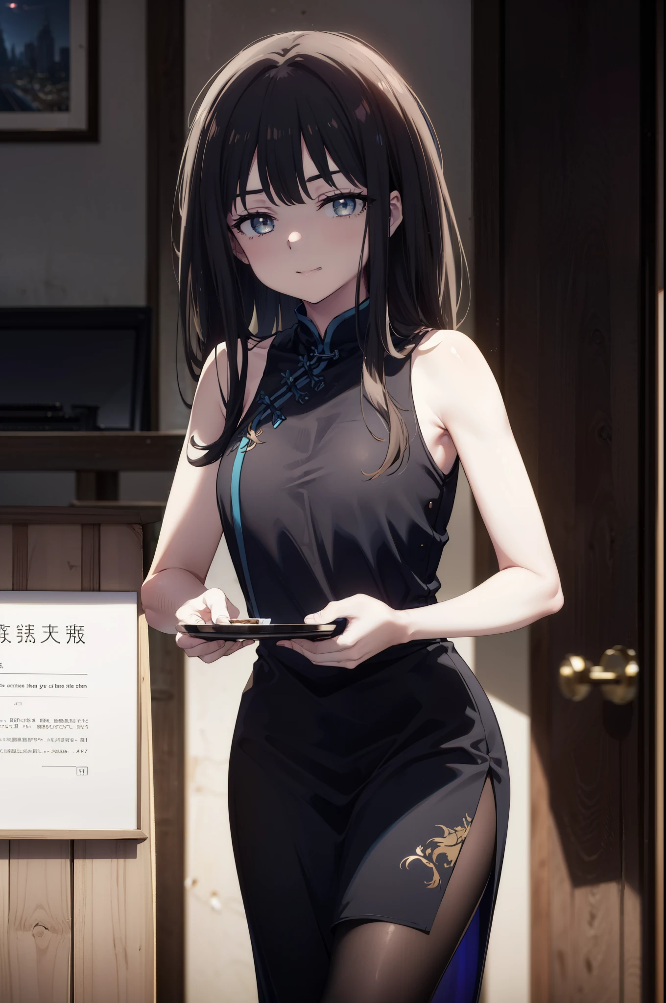 Takiuchi, Check it out, Long Hair, bangs, Black Hair, (Purple eyes:1.2),happy smile, smile, Close your mouth,
Sleeveless blue Chinese dress,Blue long slit,Black pantyhose,Stiletto heels,Glasses,Tables and chairs, food, drink, tray, tray in one hand,whole bodyがイラストに入るように,
break indoors,Chinese style coffee shop,
break looking at viewer, whole body,
break (masterpiece:1.2), Highest quality, High resolution, unity 8k wallpaper, (shape:0.8), (Fine and beautiful eyes:1.6), Highly detailed face, Perfect lighting, Highly detailed CG, (Perfect hands, Perfect Anatomy),
break outdoors, city,
break looking at viewer, (Cowboy Shot:1.5),
break (masterpiece:1.2), Highest quality, High resolution, unity 8k wallpaper, (figure:0.8), (Beautiful attention to detail:1.6), Highly detailed face, Perfect lighting, Highly detailed CG, (Perfect hands, Perfect Anatomy),