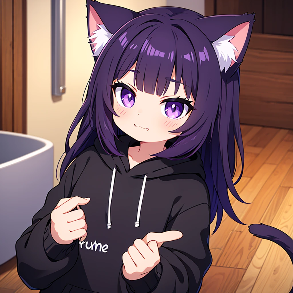 cute cat girl, cat ears, black hair, black cat ears, purple eyes, smug, black hoodie, only head in frame, straight bangs, medium length hair, purple hair pin