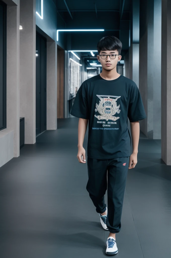 21 year old Vietnam boy, he is wearing a oversize xxl blue plain t-shirt, he is wearing black trousers, he is wearing sneakers, he is wearing glasses, city, full body,  he is buzz cut Hair, foot, walking 