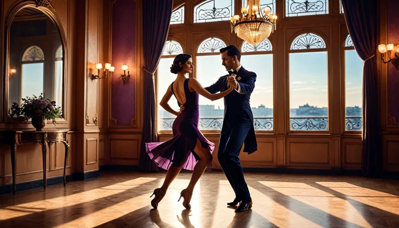 a man and woman dancing tango, art deco ballroom, warm color palette, 1920s, 1 man 1 woman, sexy tango dance pose, ballroom dancers, ornate art deco interior, detailed architectural features, chandelier, (best quality,4k,8k,highres,masterpiece:1.2),ultra-detailed,(realistic,photorealistic,photo-realistic:1.37), natural lighting, natural shadows, Outside the window is a balcony. a narrow french window with an arched top leads out to the balcony, man facing forward, woman facing away from viewer, dancing the tango, woman is wearing a purple dress with slit, she has her right leg out to the side, (exposing her thigh:1.5), Outside is dark, small stars are shining in (the dark blue sky:1.3), (dimly lit room:1.2), and shadows are cast on the eye sockets, making it impossible to read their expressions, detailed facial features, beautiful dress, formal attire, natural lighting, warm color palette,