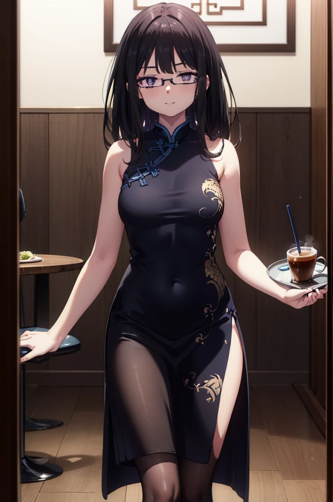 Takiuchi, Check it out, Long Hair, bangs, Black Hair, (Purple eyes:1.2),happy smile, smile, Close your mouth,
Sleeveless blue Chinese dress,Blue long slit,Black pantyhose,Stiletto heels,Glasses,Tables and chairs, food, drink, tray, tray in one hand,whole bodyがイラストに入るように,
break indoors,Chinese style coffee shop,
break looking at viewer, whole body,
break (masterpiece:1.2), Highest quality, High resolution, unity 8k wallpaper, (shape:0.8), (Fine and beautiful eyes:1.6), Highly detailed face, Perfect lighting, Highly detailed CG, (Perfect hands, Perfect Anatomy),
break outdoors, city,
break looking at viewer, (Cowboy Shot:1.5),
break (masterpiece:1.2), Highest quality, High resolution, unity 8k wallpaper, (figure:0.8), (Beautiful attention to detail:1.6), Highly detailed face, Perfect lighting, Highly detailed CG, (Perfect hands, Perfect Anatomy),