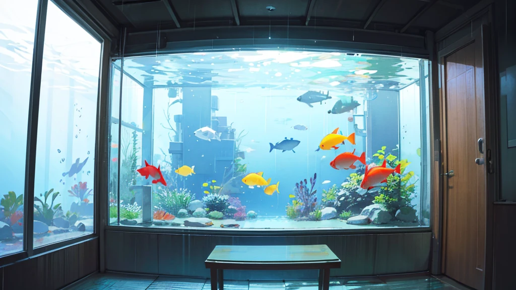 Aquarium、neon tetra、Dark Room、2、Rain outside the window