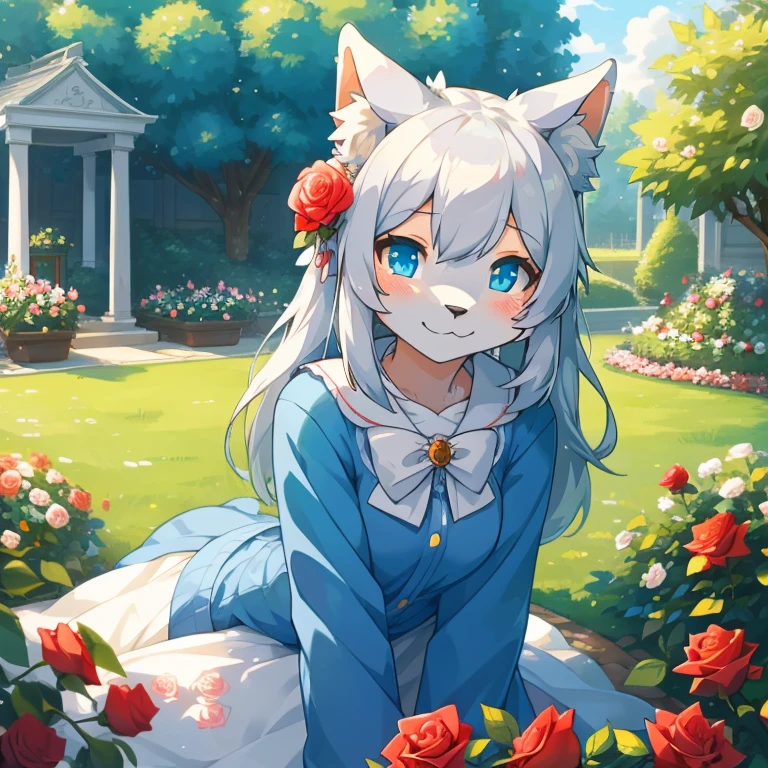 Masterpiece, best quality, high quality, one grey anthro furry girl, kemono, has Blue eyes, wears , in the Rose garden, perfect illustration, sunny day, shy smile