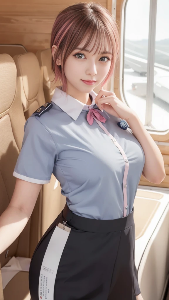 Photorealistic, highest quality, Highest quality, masterpiece, Ultra-high resolution, Raw photo, Realistic, Bright lighting, smile, ((Cabin-attendant uniform:1.4)), Face Light, Smooth Professional Lighting, Looking at the camera, alone, Adult women, Beautiful woman, Super Beauty, Realistic skin, Moisturized Skin, Realistic eyes and faces, Perfect model body shape, Beautiful Eyes, Big eyes, Inconspicuous tear bags, slim, Medium sized breasts, Beautiful fingers, Very short hair, blond Hair, gray eye, seems to be happy,