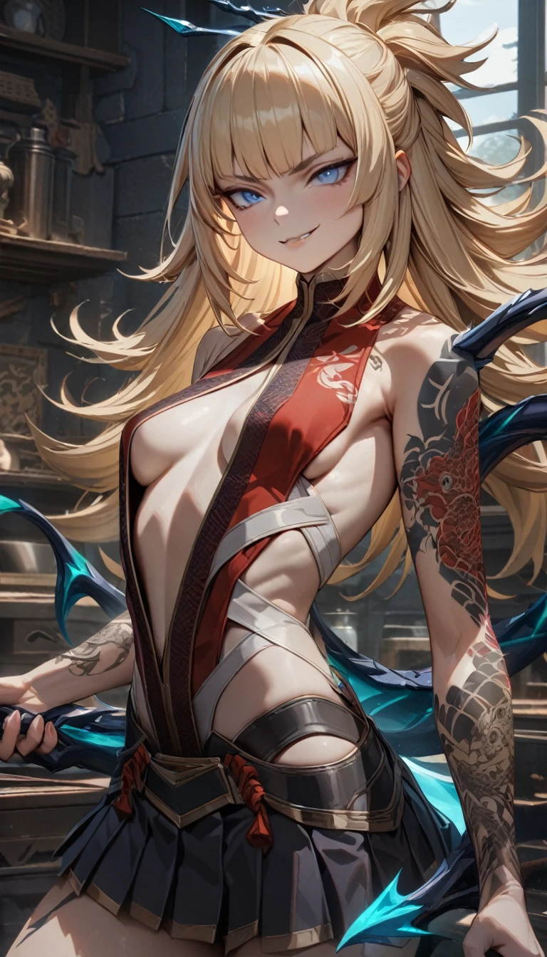 Young girl, long blonde hair, blue eyes, red jacket, sleeveless, skirt, lot of tattoo, dragon tattoo in arms, open , wide neckline, boob wi, window in chest, smirk, magic claws, magic tail, small breasts, Mace, best quality, Full HD, 8k, ultra details, great graphic