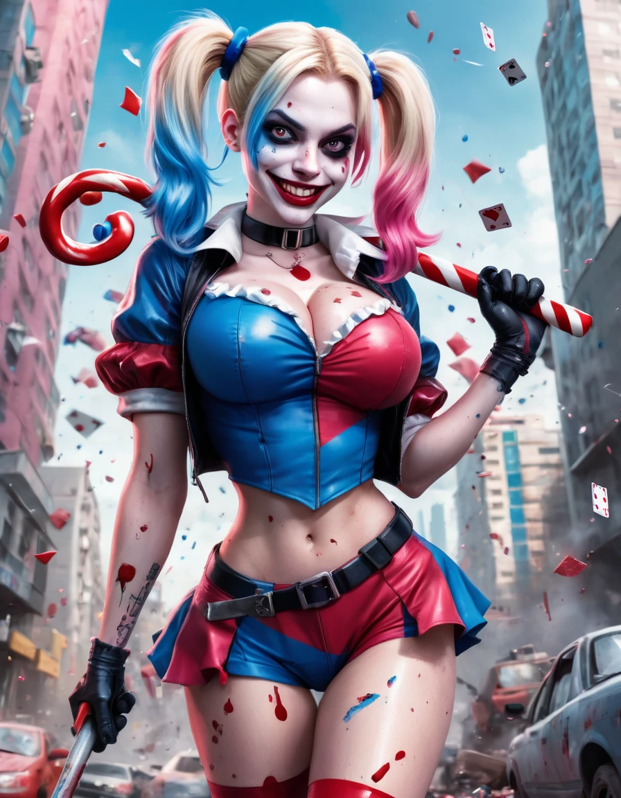 an image of a dynamic and intense comic book character, resembling Harley Quinn, in a vivid and chaotic urban battlefield. The character has a pale face with exaggerated makeup: blue eyeshadow on one eye and red on the other, with matching blue and pink pigtails. She is dressed in a tight, shiny, red and blue jester costume with a white ruffled collar and pom-poms. She is wielding a giant candy cane like a weapon, holding it across her shoulders with a mischievous, wide-open grin. The background features a cityscape in disarray, with exploding cars, flying playing cards, and debris creating a sense of action and chaos. The image should be vibrant, with sharp contrasts and a surreal, high-energy feel. Hyper realistic photo, 16k, vibrant colors