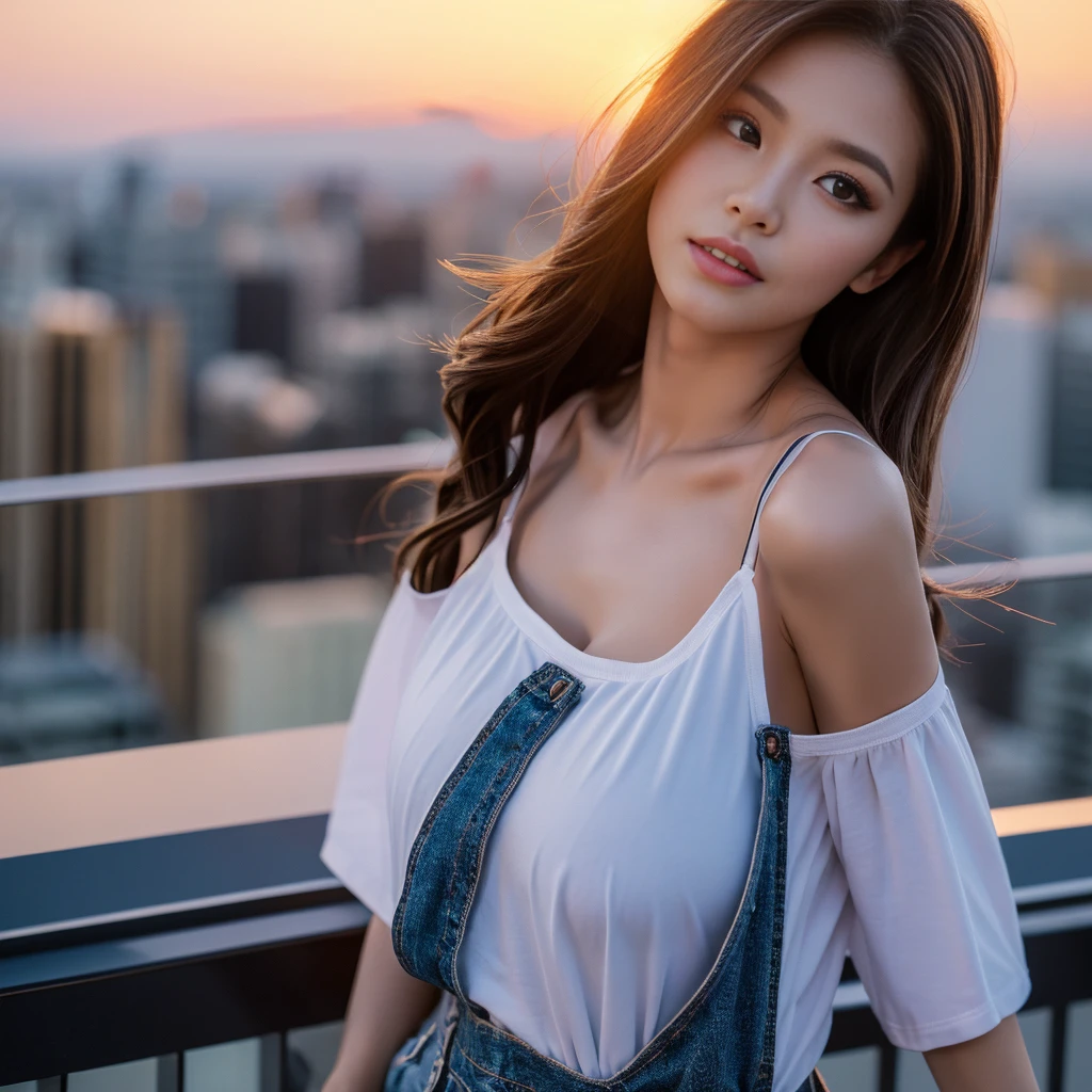 ((Midnight, Best quality, 8k, Masterpiece :1.3)), Whole body, Long legs, Sharp focus :1.2, A pretty woman with perfect figure :1.4, Slender abs :1.1, ((Dark brown hair, Big breasts :1.2)), (White tight tshirt, Jean bib, Standing:1.2), ((Night city view, Rooftop:1.3)), Highly detailed face and skin texture, Detailed eyes, Double eyelid