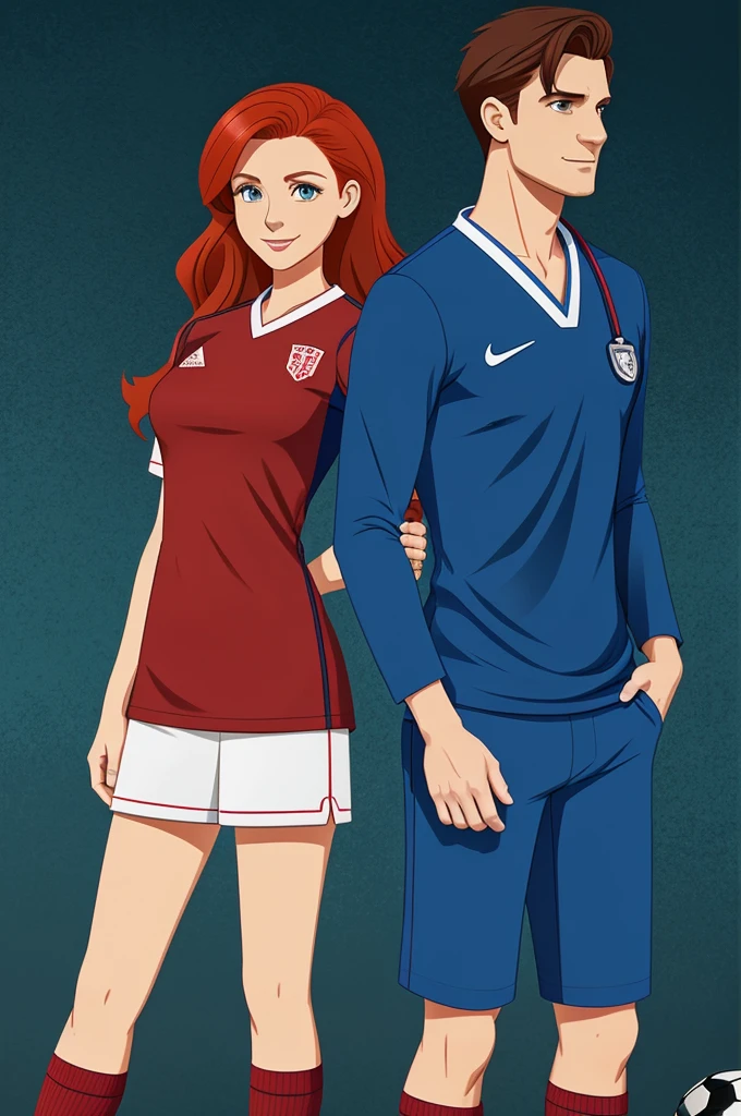 
2 CHARACTERS Background: soccer field.

SHE REDHEAD WOMAN DRESSED AS A DOCTOR from rural areas. animated cartoon.

The soccer player man, number 10 shirt. animated cartoon.

For a book cover.