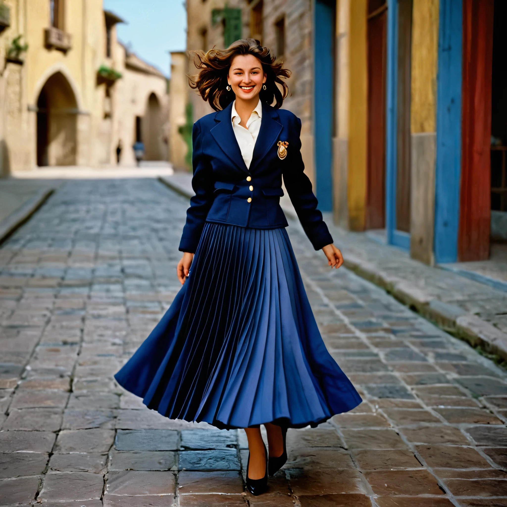 A smiling, authentic, (shy:1,3), kind, beautiful woman, is passionately in love with her skirt, wind lifts her skirt, wearing uniform jacket and very, very detailed (long (fully pleated) full circle skirt) and (low heeled court shoes), very, very intricate hyper-detailed symmetric (attractive graceful young feminine face) with (sad, tired eyes and a loving smile), very voluptuous breasts, full of empathy and compassion and love, (pronounced (feminine) features), (highly detailed ultra accurate realistic) hands and fingers, (windy), epic composition, highly detailed attributes, (35mm f1.4 Kodak portra 400 photograph), extremely high quality RAW photograph, highly detailed atmosphere, sci-fi, cinematic shot, dynamic lighting, 75mm, Technicolor, Panavision, cinemascope, sharp focus, fine details, 8k, HDR, realism, realistic, key visual, film still, superb cinematic color grading, depth of field