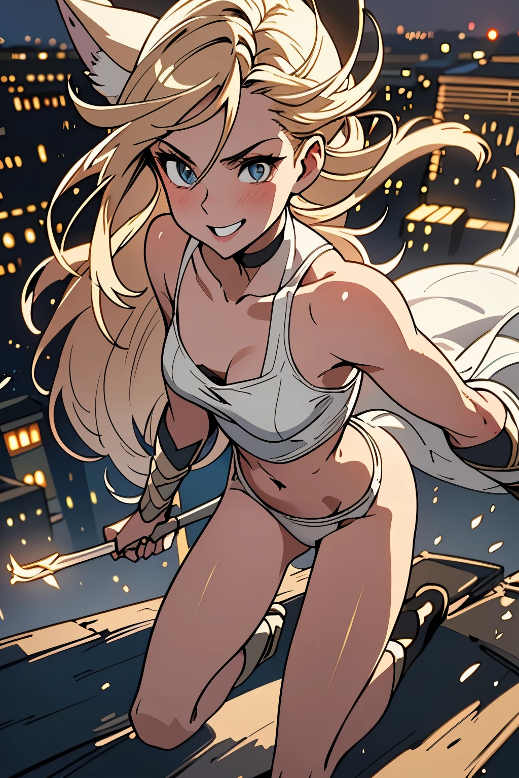 close up 1girl in, teenager, Solo, Aesthetic artwork, blond, straight blonde hair, super long blonde hair, light blue eyes, some small freckles, pale skin, small breasts, cleavage, runners body, (thin hips, thin waist: 1.25), detailed skin, neutral face, mischievous smile, (action shot, hero pose:1.3), wearing a choker with a bell, wearing a belt knife, (wearing brown leather halter top and short shorts with armor:1.1), (white fox ear, white fox tail:1.25), (full body: 1.1), very detailed city roof background, rooftop, overlooking ancient Greek city, 24mm, 4k textures, soft cinematic light, RAW intricate, elegant, highly detailed, sharp focus, ((((cinematic look)))), soothing tones, insane details, intricate details, hyperdetailed, low contrast, soft cinematic light, dim colors, exposure blend, hdr, faded