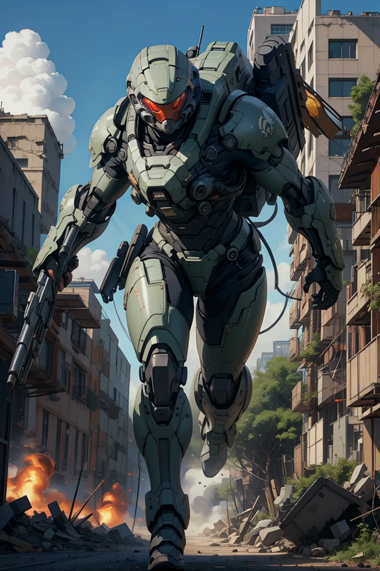 1 girl in mecha battle armor, long dark hair, heavy backpack, fullbody shot, holding and shooting big weapon, running at the battle place, explosions, fighting against alien invasion, detailed face, beautiful detailed eyes, beautiful detailed lips, extremely detailed features, hyper detailed, photorealistic, 8k, HDR, physically-based rendering, professional, vivid colors, dramatic lighting, cinematic, sci-fi, concept art, destroyed buildings,