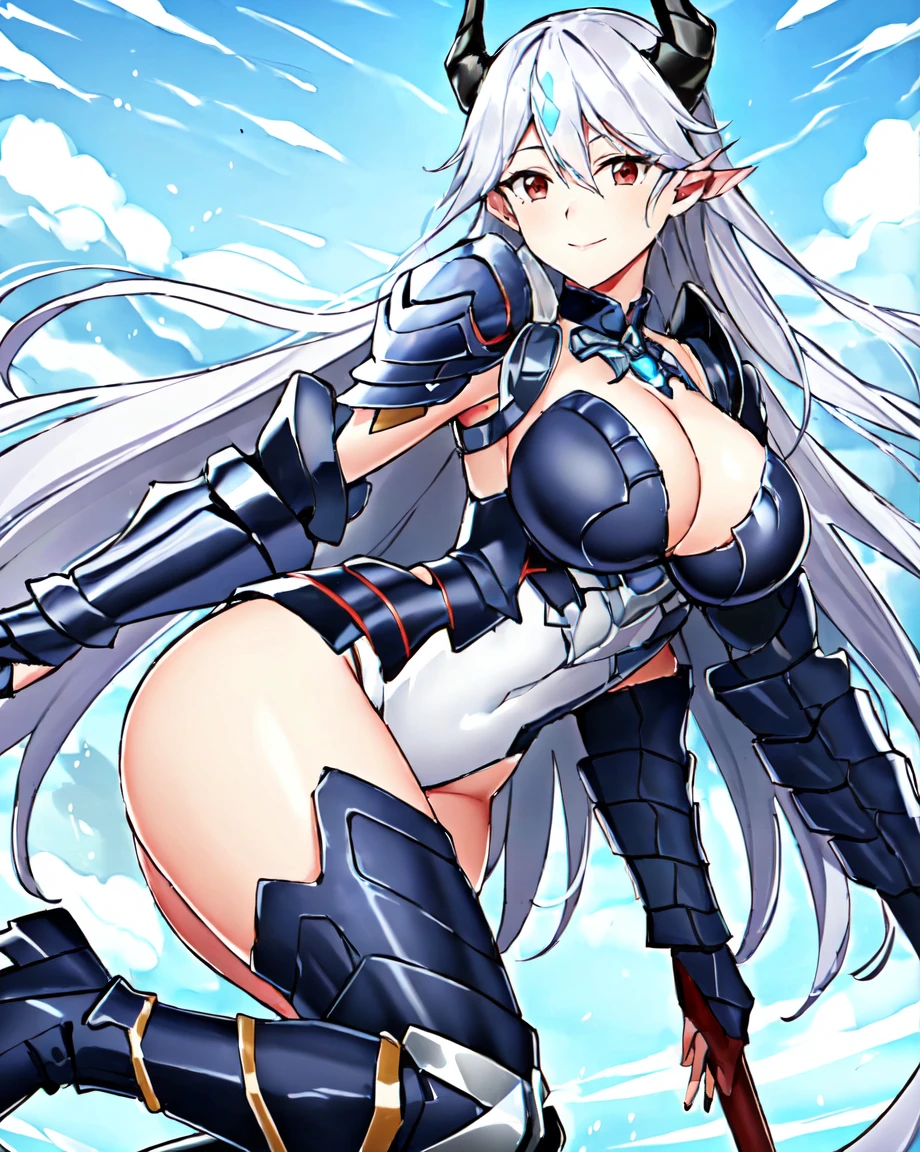 armor, leotard, shoulder armor, cleavage cutout, leotard, breastplate, gauntlet, thig high boots, detachable collar, large breasts, cleavage, long hair, white hair, red eyes, beautiful, horn on side head, masterpiece, masterwork, super fine illustration, ultra detailed, cg unity 8k wallpaper, perfect eyes, ultra detailed beautiful face, smile,