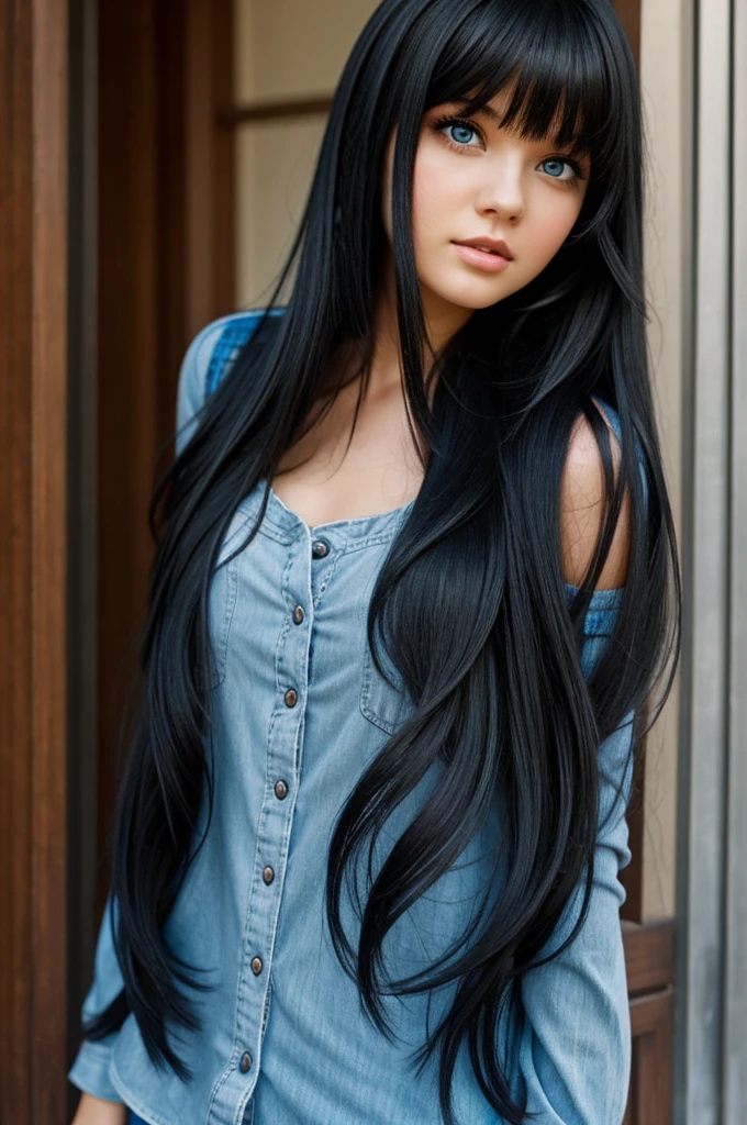 Girl with long black hair with black bangs and blue eyes