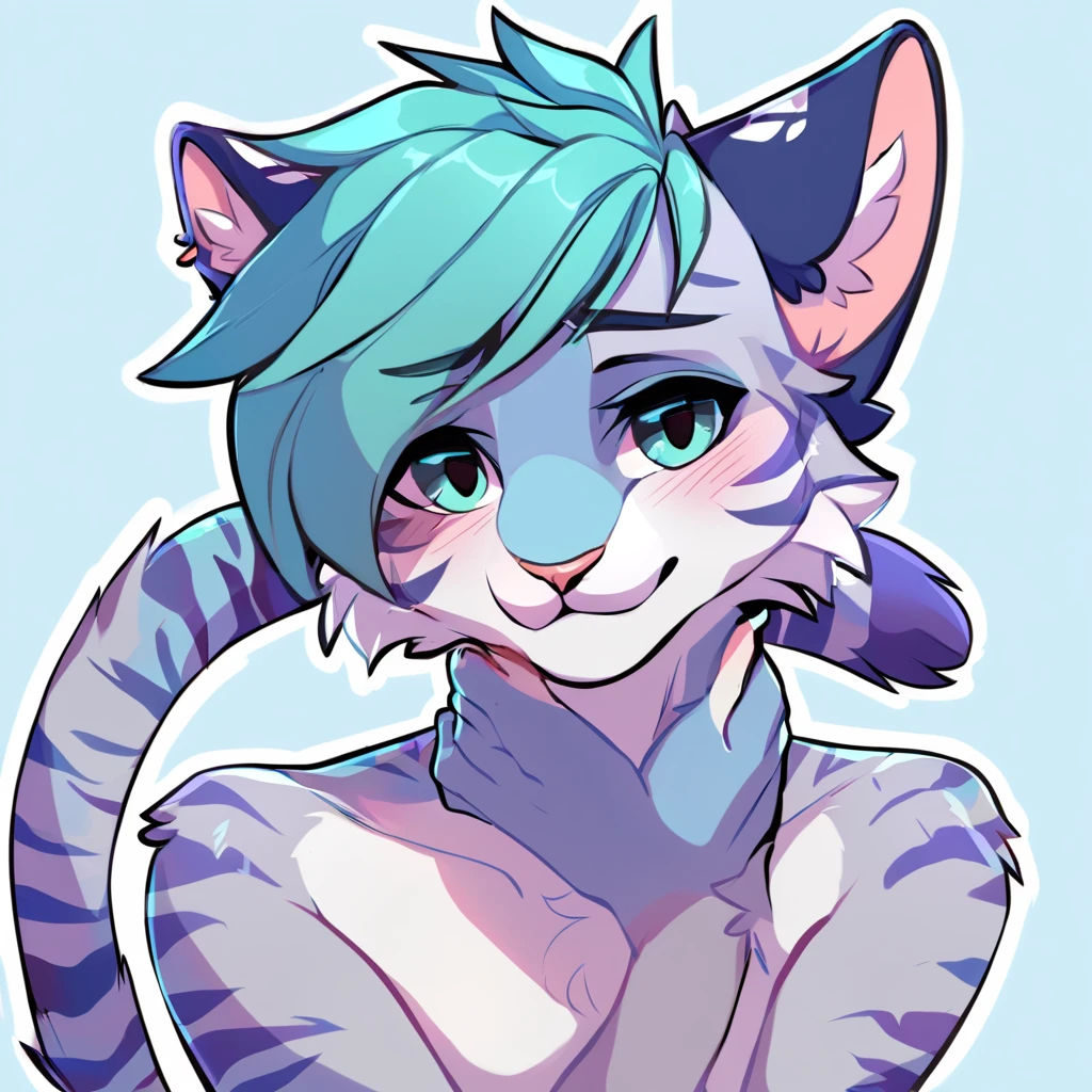 adult, feline, mammal, anthro, anthromorphic, cat, striped, fur, furred_anthro, femboy, male, blue, ear_tufts, purple, paws, hair_tuft, hair_between_eyes, long_tail, fluffy, expressive_eyes, blue/teal_hair, light looking_at_viewer, blue_fur, shy, small_pupils, spotted_pattern, stripes, tiger_stripes, digital_art, high_resolution, high_res, background shy, head_visible, neck_visible, profile_picture, seductive_face