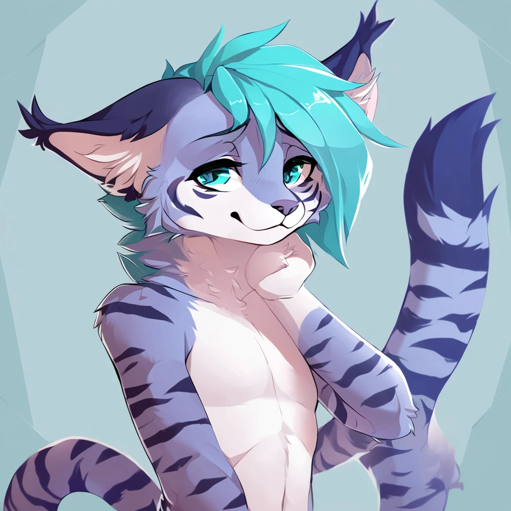 adult, feline, mammal, anthro, anthromorphic, cat, striped, fur, furred_anthro, femboy, male, blue, ear_tufts, purple, paws, hair_tuft, hair_between_eyes, long_tail, fluffy, expressive_eyes, blue/teal_hair, light looking_at_viewer, blue_fur, shy, small_pupils, spotted_pattern, stripes, tiger_stripes, digital_art, high_resolution, high_res, background shy, head_visible, neck_visible, profile_picture, seductive_face