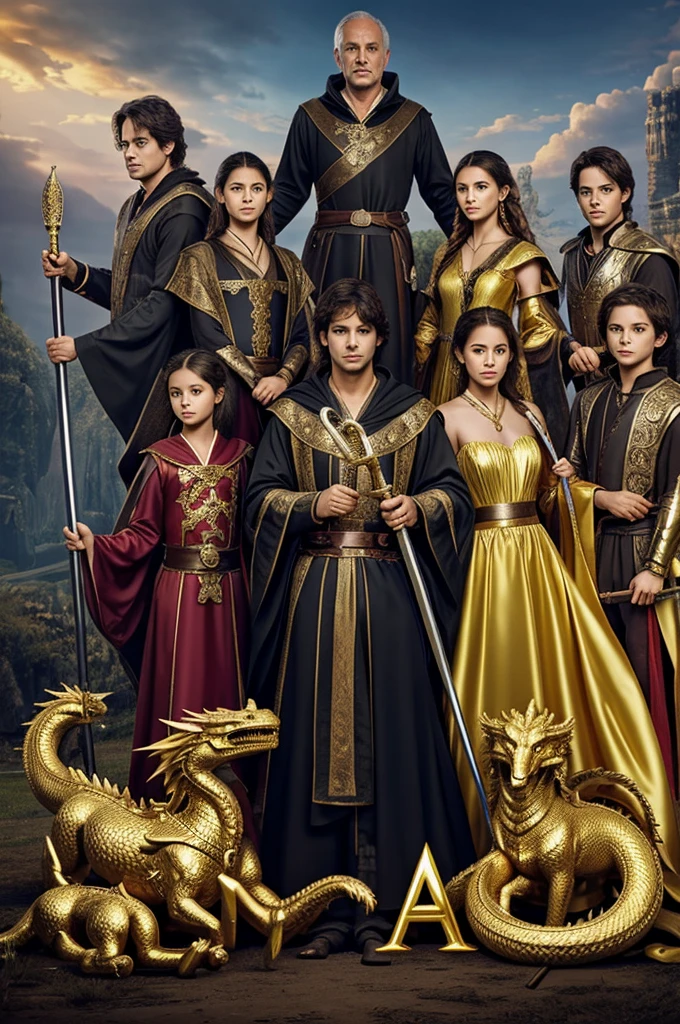 Fantasy family of 7 members with father mother older brother older sister Middle sister and two twin brothers, women with magician dress and canes, man with huge swords, in a prairie robe fighting a majestic golden dragon 