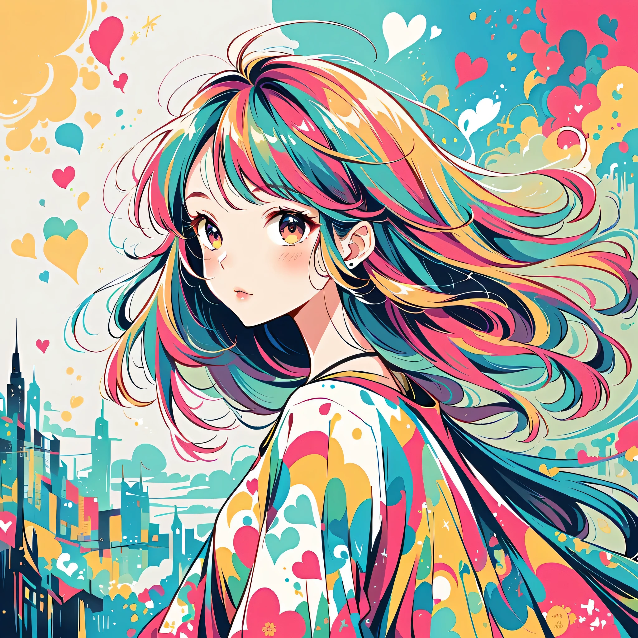 Mai Yoneyama style, Simple Line Initialism,Abstract art,Urban Background, colorful hearts ,(((The most beautiful girl of all time))),