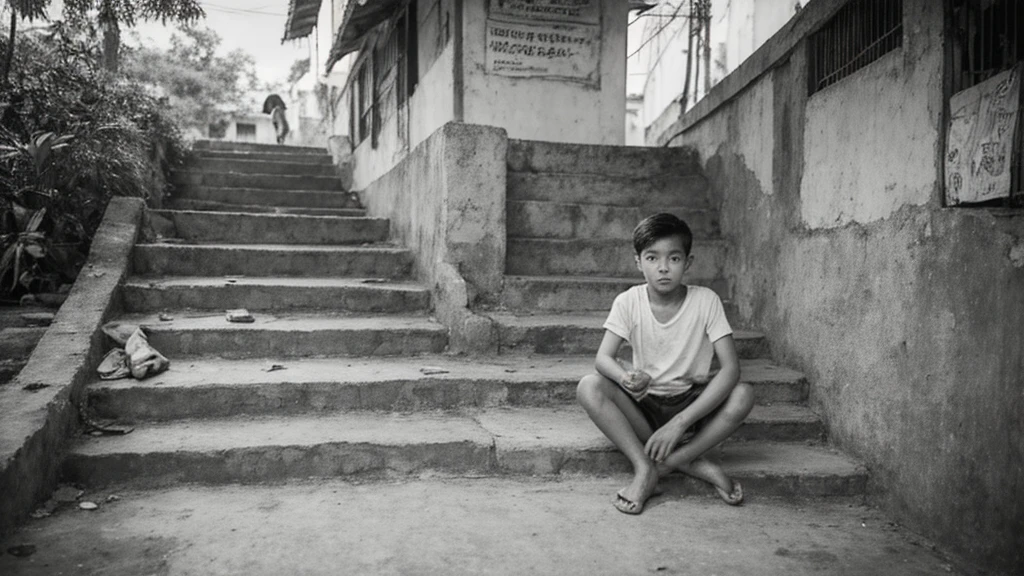 1930s, monochrome photography, Southeast Asian street Children, stairs, outdoors, slam,   (the leader boy is in the center with his arms crossed), 32K, Best quality, Masterpiece, super detail, High Details,