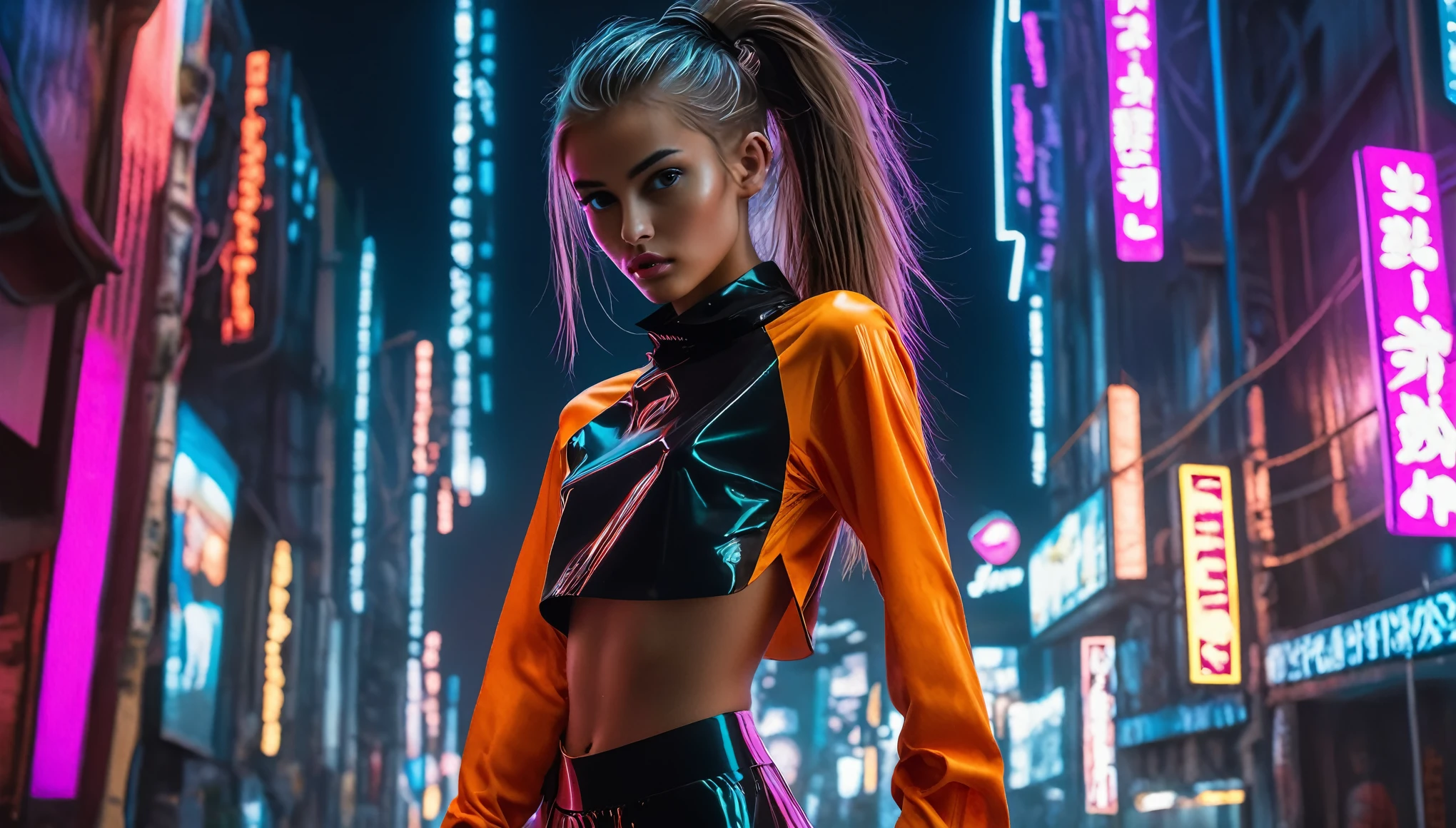 Top Quality, Masterpiece, High Resolution, 8k, (((cute skinny barely legal girl in oversized polyester shirt and wetlook leggings, bare belly, bare back, wide neckline, deep neckline, small perky breasts, beautiful detailed eyes, beautiful detailed lips, small closed mouth, extremely detailed face, fine long ponytail hair, small hips))), cyberpunk apartment, moody atmosphere, dramatic and random neon colors, futuristic setting, intricate details, at night, backlit, full body shot, view from distance, random pose