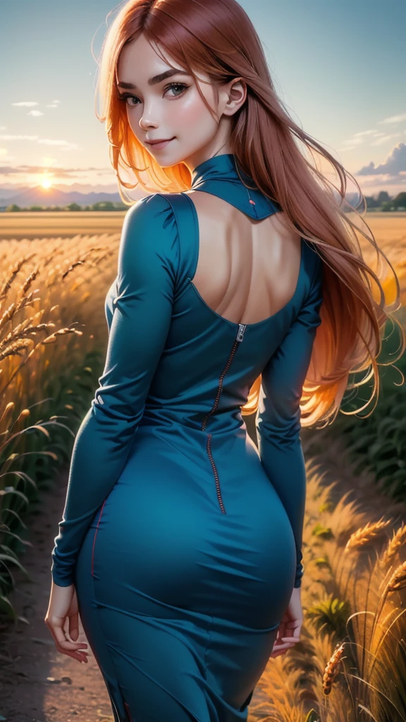 1 girl, Alone, Long orange hair, run, (tall wheat field), turn around, emerald eyes, long blue dress, Middle Ages, medieval costume, sunset long sleeve, light from behind, shadow in the figure, SMILE, risa, (blue sky), in the context of wheat, standing in the distance, looking at the viewer, longitud total