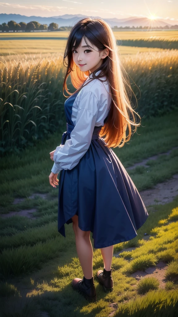 1 girl, Alone, Long orange hair, run, (tall wheat field), turn around, emerald eyes, long blue dress, Middle Ages, medieval costume, sunset long sleeve, light from behind, shadow in the figure, SMILE, risa, (blue sky), in the context of wheat, standing in the distance, looking at the viewer, longitud total