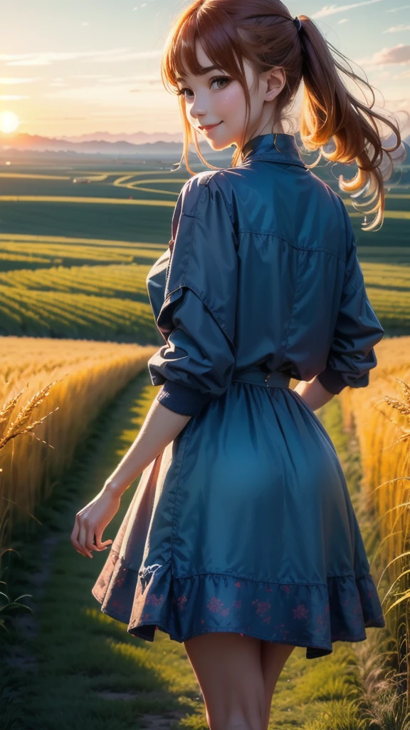 1 girl, Alone, Long orange hair, run, (tall wheat field), turn around, emerald eyes, long blue dress, Middle Ages, medieval costume, sunset long sleeve, light from behind, shadow in the figure, SMILE, risa, (blue sky), in the context of wheat, standing in the distance, looking at the viewer, longitud total