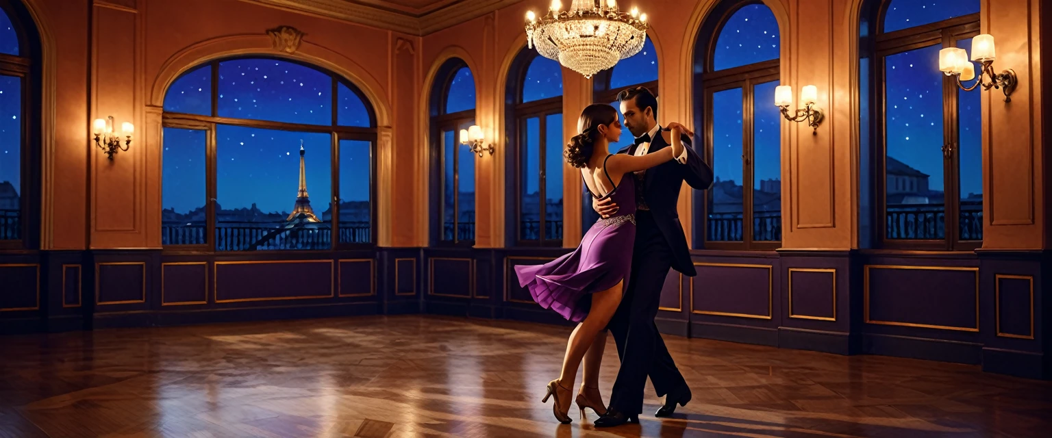 a man and woman dancing tango, art deco ballroom, warm color palette, 1920s, 1 man 1 woman, sexy tango dance pose, ballroom dancers, ornate art deco interior, detailed architectural features, chandelier, (best quality,4k,8k,highres,masterpiece:1.2),ultra-detailed,(realistic,photorealistic,photo-realistic:1.37), natural lighting, natural shadows, Outside the window is a balcony. a narrow french window with an arched top leads out to the balcony, man facing forward, woman facing away from viewer, dancing the tango, woman is wearing a purple dress with slit, she has her right leg out to the side, (exposing her thigh:1.5), Outside is dark, small stars are shining in (the dark blue sky:1.3), (dimly lit room:1.2), and shadows are cast on the eye sockets, making it impossible to read their expressions, detailed facial features, beautiful dress, formal attire, natural lighting, warm color palette,