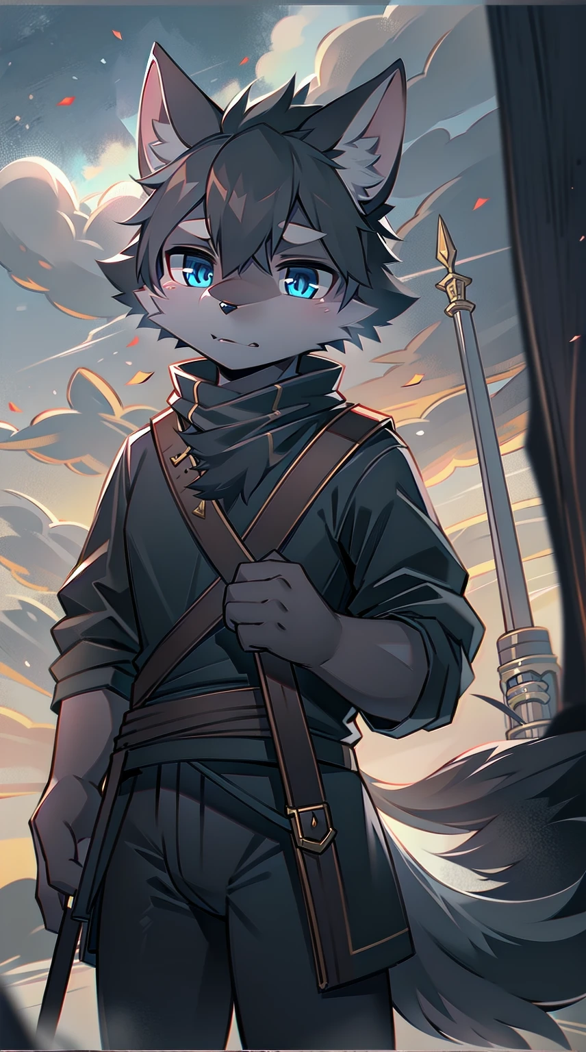 White Wolf，black hair，Sky blue eyes，hairy，Wolf ears，Wolf tail，Full body portrait，The character is in the center of the frame，Handsome，Confident eye***but，juvenile，Black and white combat uniform，Red neck bib，Black shorts，Short sleeve，hairy arms and legs，Dark background，Dark battlefield，dawn，sunrise，dawn，illumination，shadow，Swordsman，Scabbard and Hold the hilt of a in your hand，The scabbard is at the waist，Highest quality