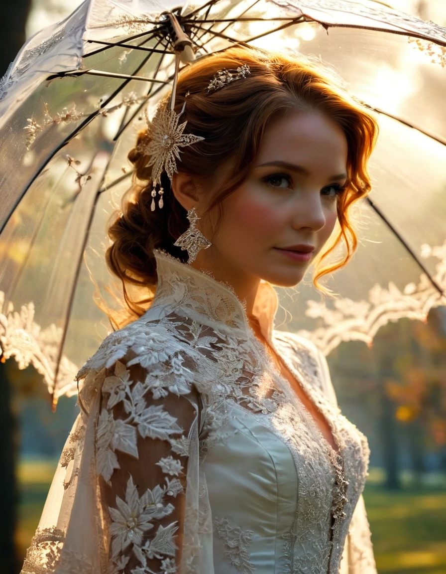 A huge parasol in finely chiseled and openwork frozen fire lace offers shade to a sublime happy and radiant woman walking in a park,  a few small sparks come out of the edges of the umbrella, masterpiece, extremely detailed, sublime and sensual fractal details, openwork lace