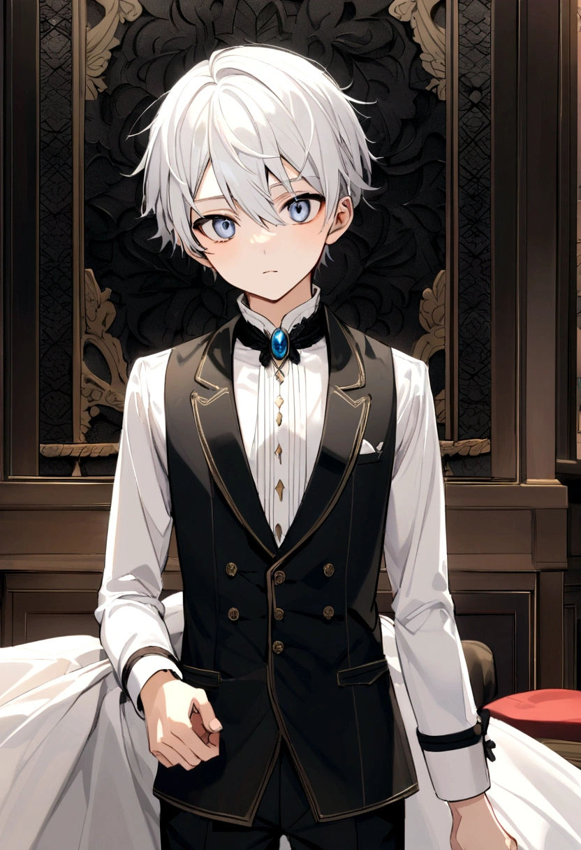 A White Hair Boy Silver Hair that has Ferminine Body Background Living Room He has Flat Breast