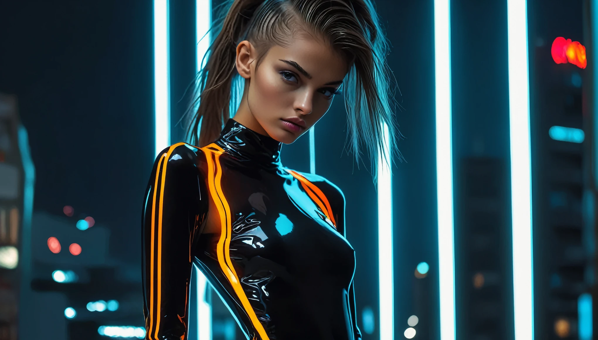 Top Quality, Masterpiece, High Resolution, 8k, (((cute skinny barely legal girl in oversized polyester shirt and wetlook leggings, bare belly, bare back, wide neckline, deep neckline, small perky breasts, beautiful detailed eyes, beautiful detailed lips, small closed mouth, extremely detailed face, fine long ponytail hair, small hips))), cyberpunk apartment, moody atmosphere, dramatic and random neon colors, futuristic setting, intricate details, at night, backlit, full body shot, view from distance, random pose