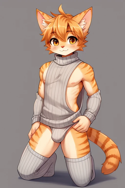 (SFW) Cute, furry, orange tabby cat boy wearing a light gray sleeveless turtleneck virgin killer sweater that is covering his crotch with a slight bulge, and light gray thigh-high socks, best quality, no nsfw parts