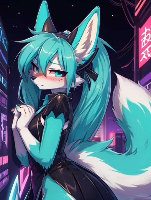 Miku Hatsune x vixen, mid side view background full body high definition, jealous, hands together upset, blushing face high definition, posing half body add_detail:1 