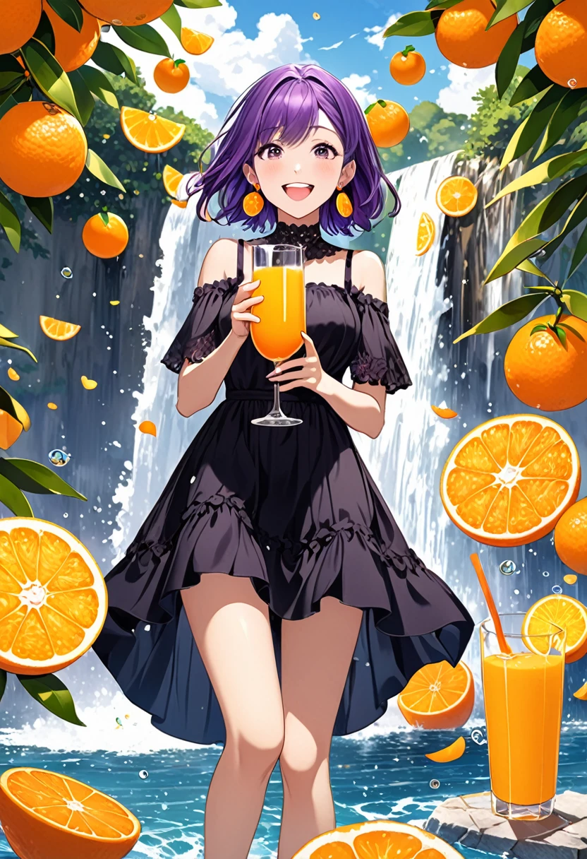 Purple hair girl painting、Glass mandarin orange earrings decorate both ears、Standing among slices of oranges and taking a photo, Splash, Cool and complicated, Hand holding sliced orange, A very happy expression with plenty of orange juice、Orange juice spills from both hands、A waterfall of orange juice, Look up、The best smile、Open your mouth wide、Grin、目はclose、Purple and black dress、, Fun and lively characters, close( Perfect  )

             Beautiful and extremely fine texture，detailed, bright, High-resolution, high-quality presentations with animation style