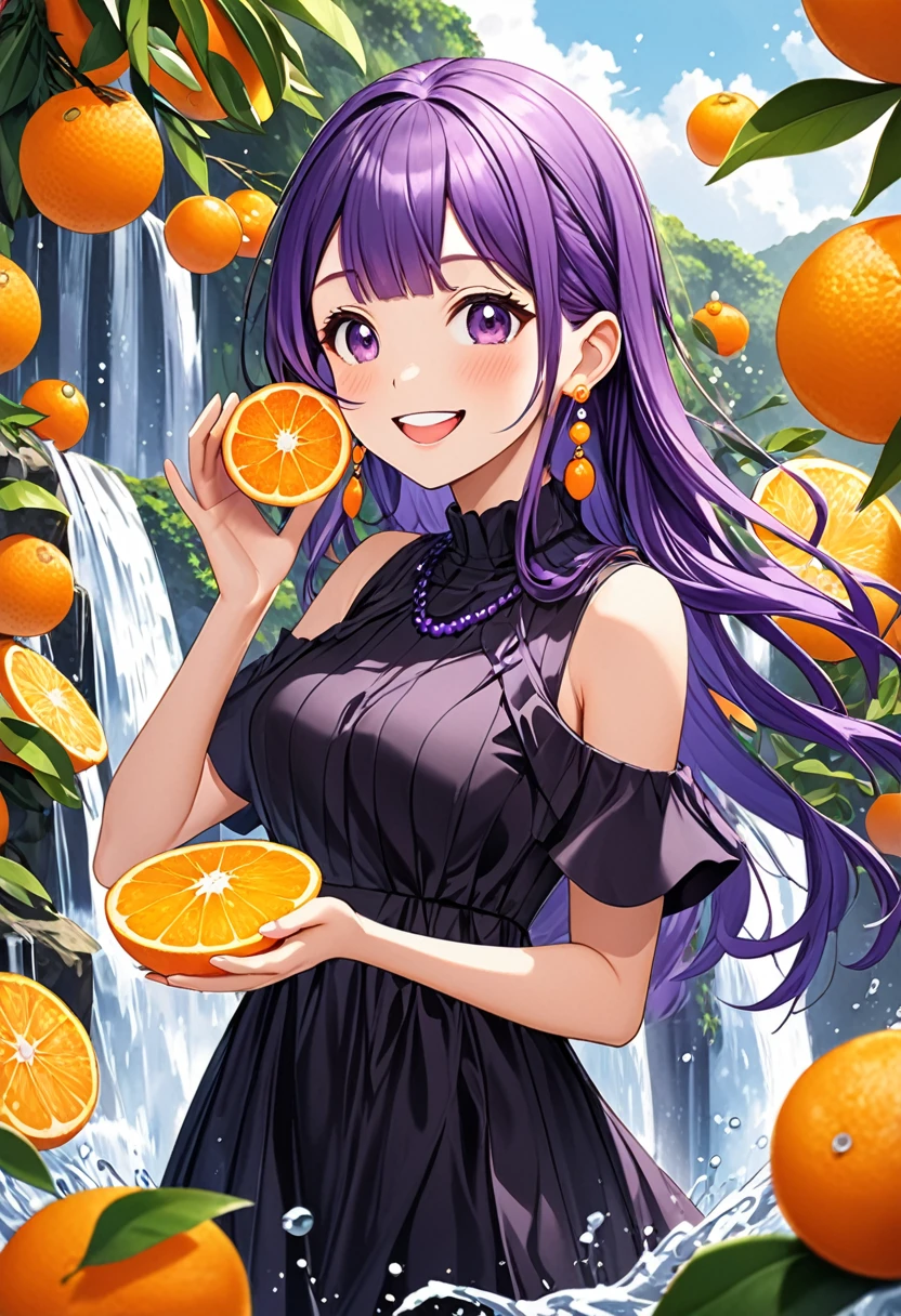 Purple hair girl painting、Glass mandarin orange earrings decorate both ears、Standing among slices of oranges and taking a photo, Splash, Cool and complicated, Hand holding sliced orange, A very happy expression with plenty of orange juice、Orange juice spills from both hands、A waterfall of orange juice, Look up、The best smile、Open your mouth wide、Grin、目はclose、Purple and black dress、, Fun and lively characters, close( Perfect Anatomy )
Beautiful and extremely fine texture,detailed, bright, High-resolution, high-quality presentations with animation style