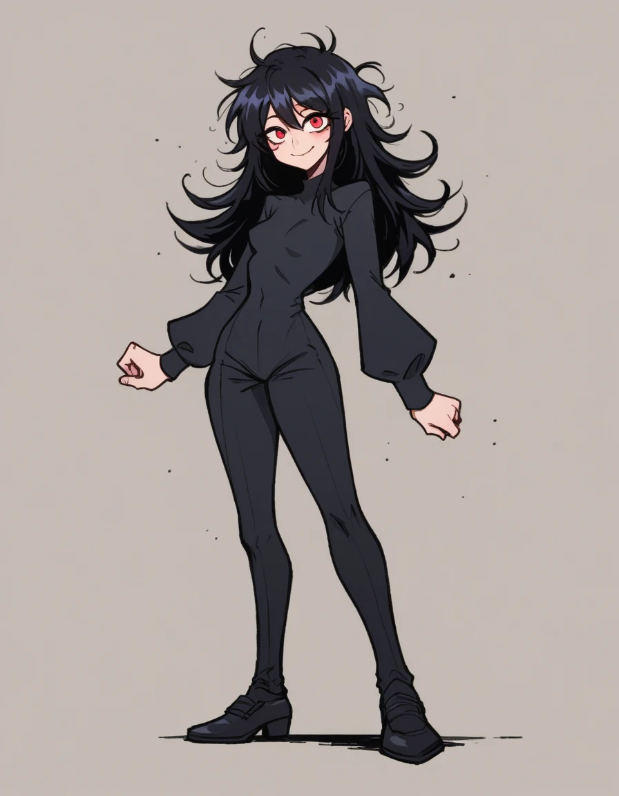 zPDXL,score_9,score_8_up,score_7_up,source_anime,1girl,solo,absurdres,4k,anapijama,red eyes,small breasts,full body,simple background,upper eyelashes,standing,looking at viewer,eyeliner,bangs,black hair,adult,long hair,long sleeves,shy,smile,messy hair,