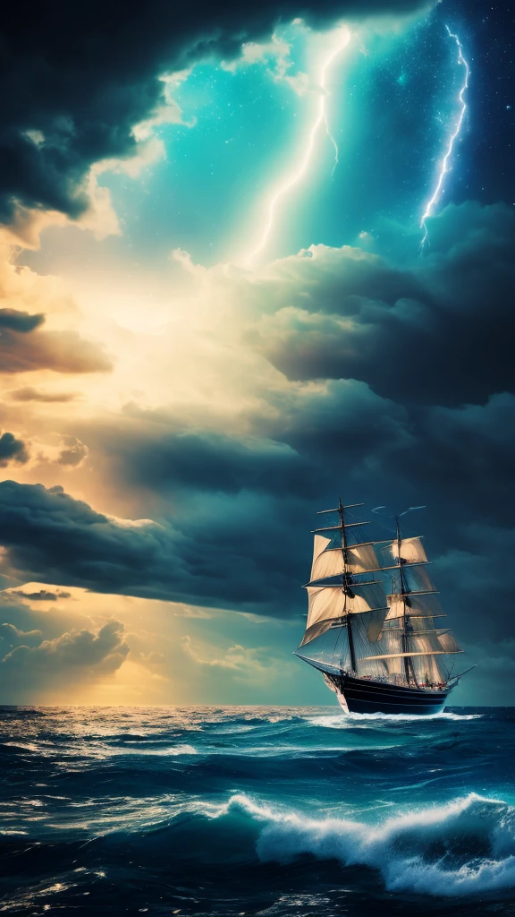 in the distance a sailing ship, ocean, storm, nebulae in the background,